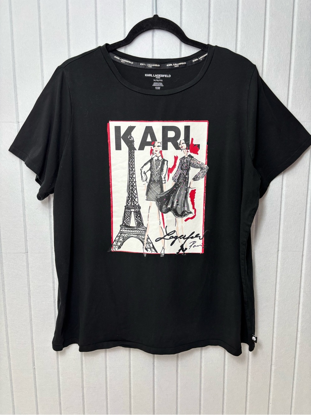 KARL Graphic Cotton Tee with Paris Illustration - Black, White & Red  Size 1X - Picture 11 of 12